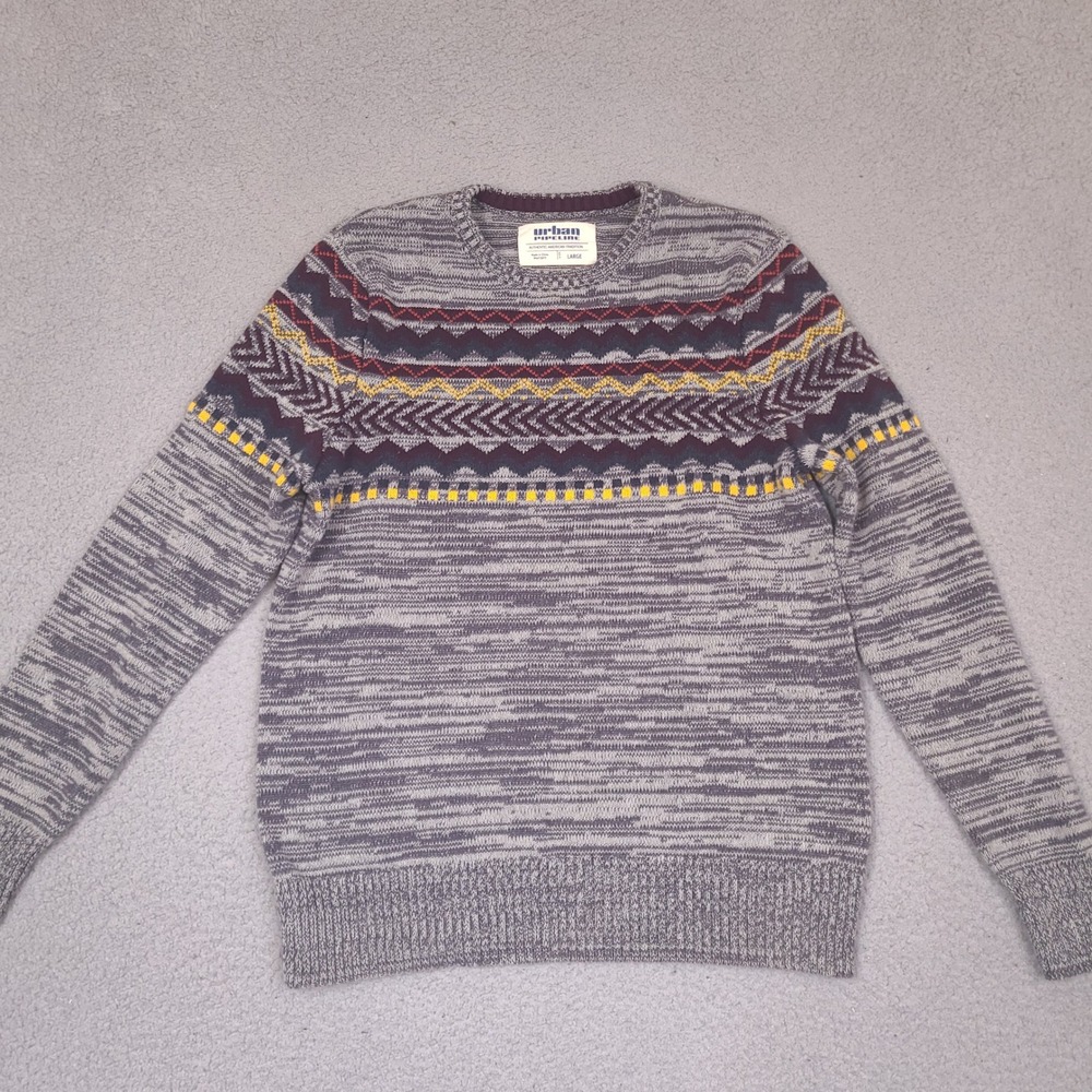Urban Pipeline Mens Large Gray Marled Fair Isle Crewneck Sweater Geometric Knit